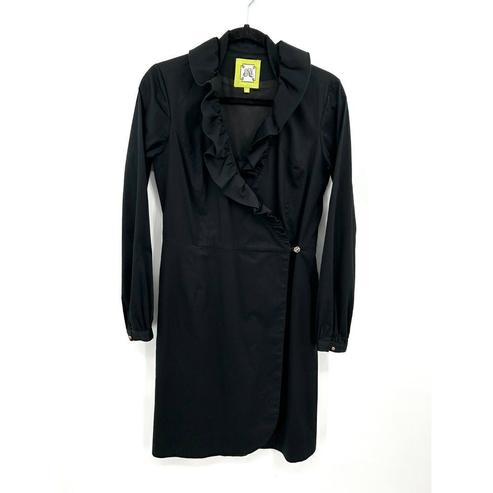 ELIZABETH MCKAY Black Ruffle Collar Wrap Long Sleeve Cotton Dress Size 2